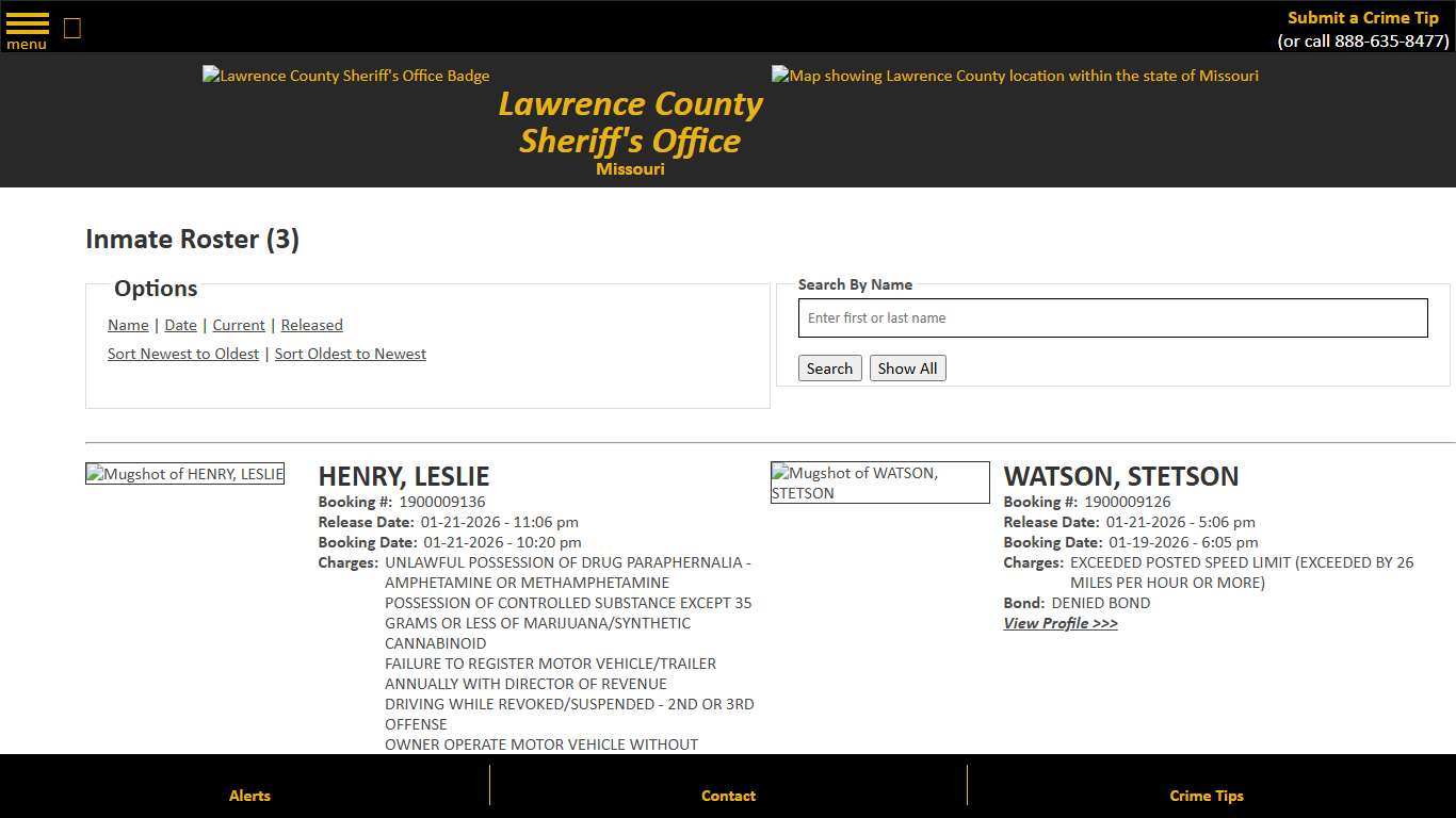 Inmate Roster - Released Inmates Booking Date Descending - Lawrence County Sheriff MO